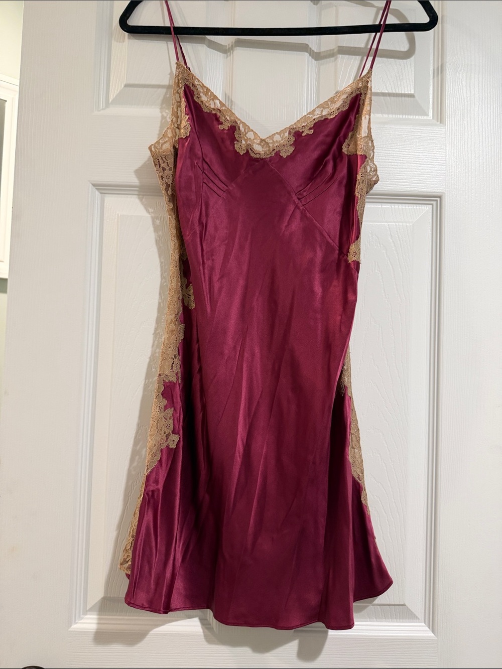 Leigh Bantivoglio -Cranberry Silk Chemise with Champagne Lace Trim